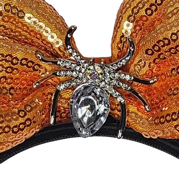 Disney Halloween Minnie Mouse Ears Headband Black Orange Spider Web Rhinestones - Picture 3 of 6